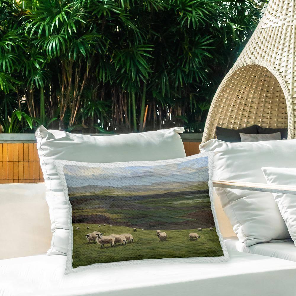 Green and Gray Rectangular Outdoor Throw Pillow with Sheep Design