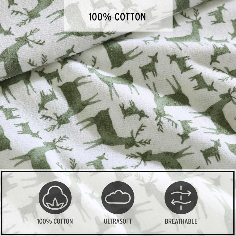 Eddie Bauer Deer Camp Green 100% Cotton Flannel Twin Sheet Set