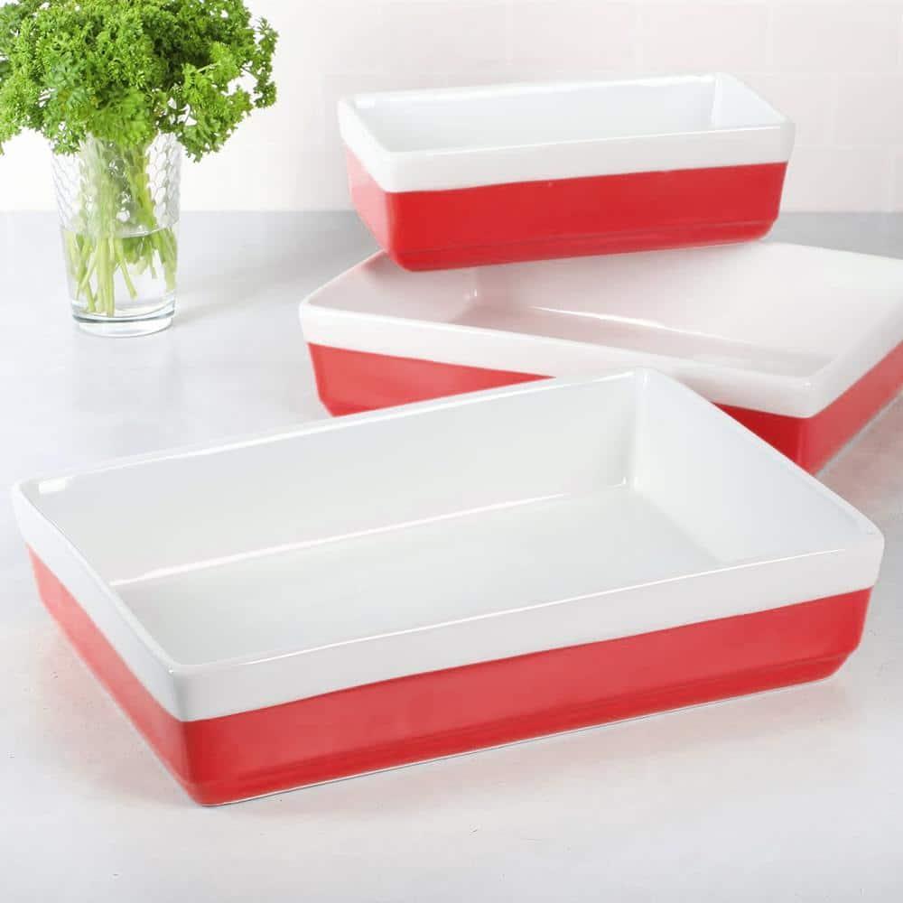 3-Piece Rectangular Stoneware Nesting Baker Set in Red