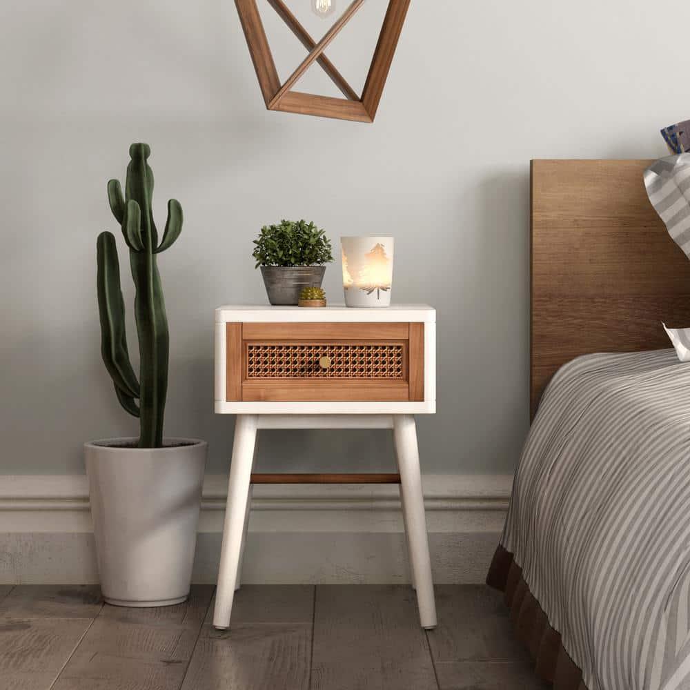COZAYH Fully-Assembled 1-Drawer Woven Cane Front Accent Nightstand with Brass Knobs for Living Room, Hand-Scratched Aging Finish, Bedroom, White