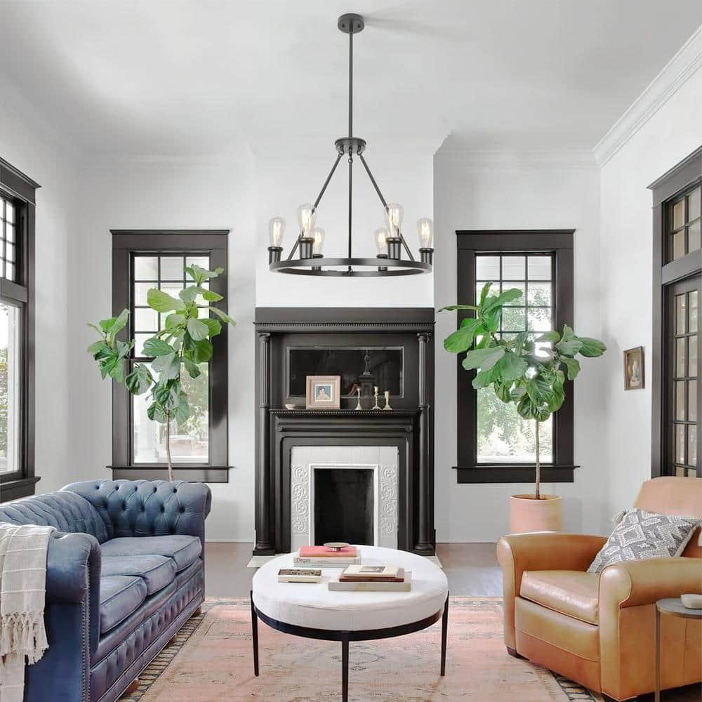 Farmhouse 6 Lights Black Wagon Wheel Chandelier,Modern Vintage Round Pendant Light Fixture for Dining Room,Living Room, Entryway Foyer Kitchen Island, E26