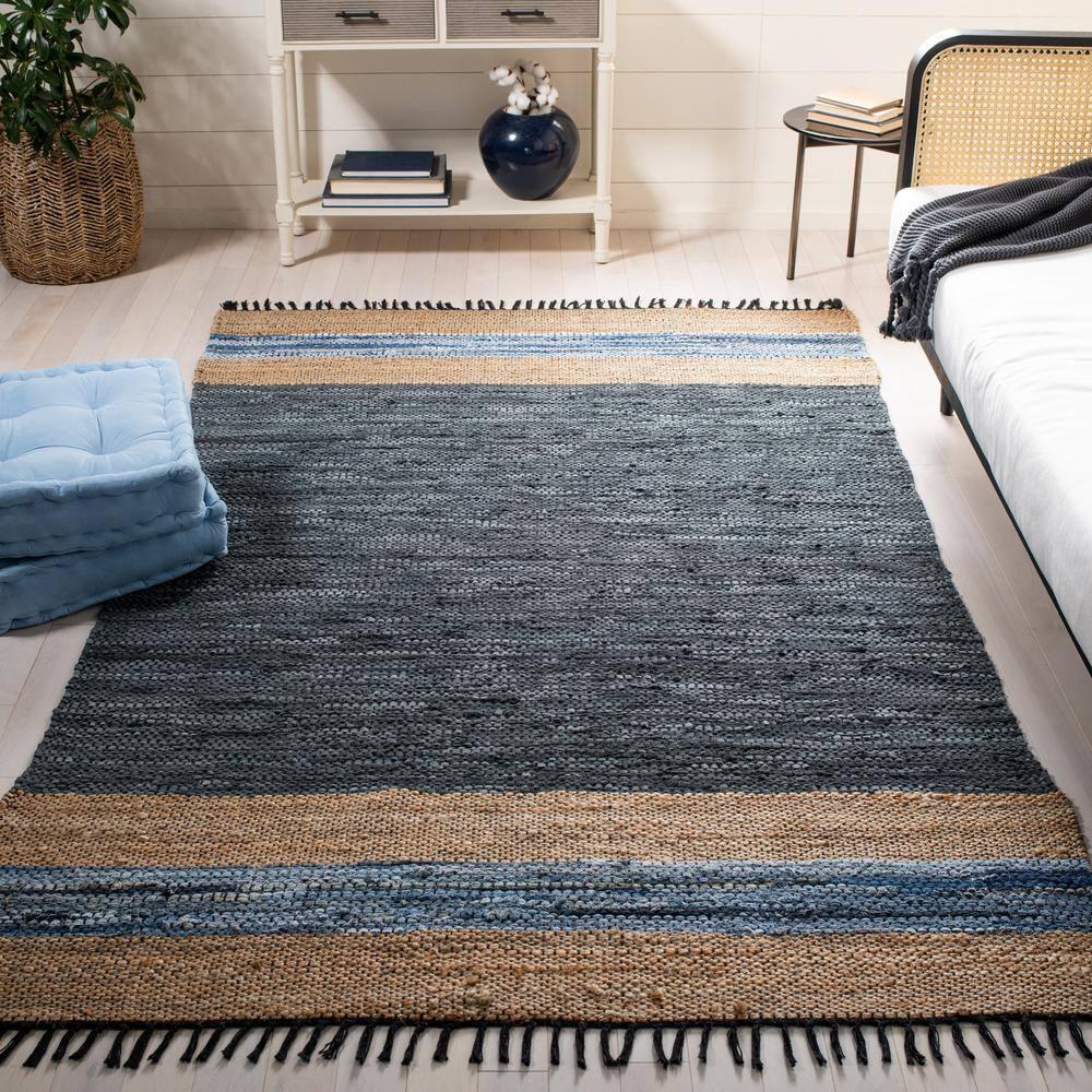 Vintage Leather W/ Fringes VTL602 Hand Woven Indoor Area Rug - Blue/Natural - 8'x10' - Safavieh