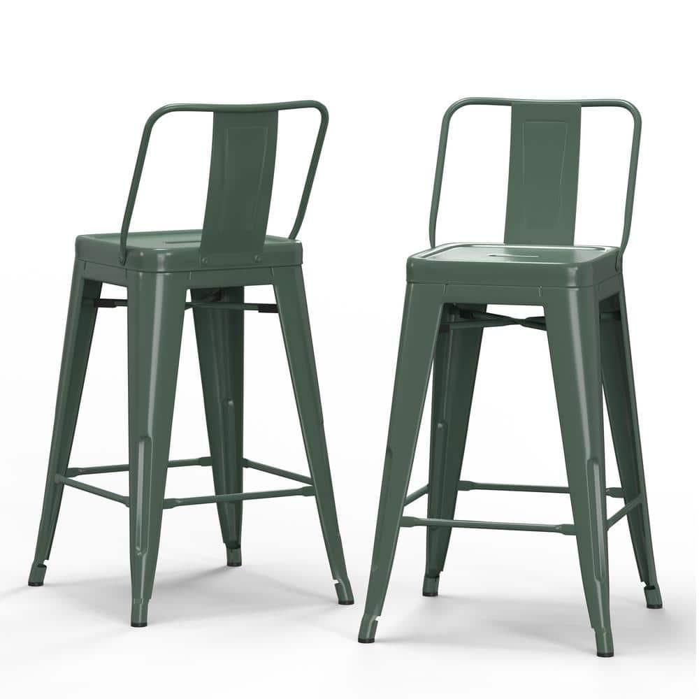 Simpli Home Rayne Metal Industrial Stool with Curved Back, Cross-Brace, and Footrest