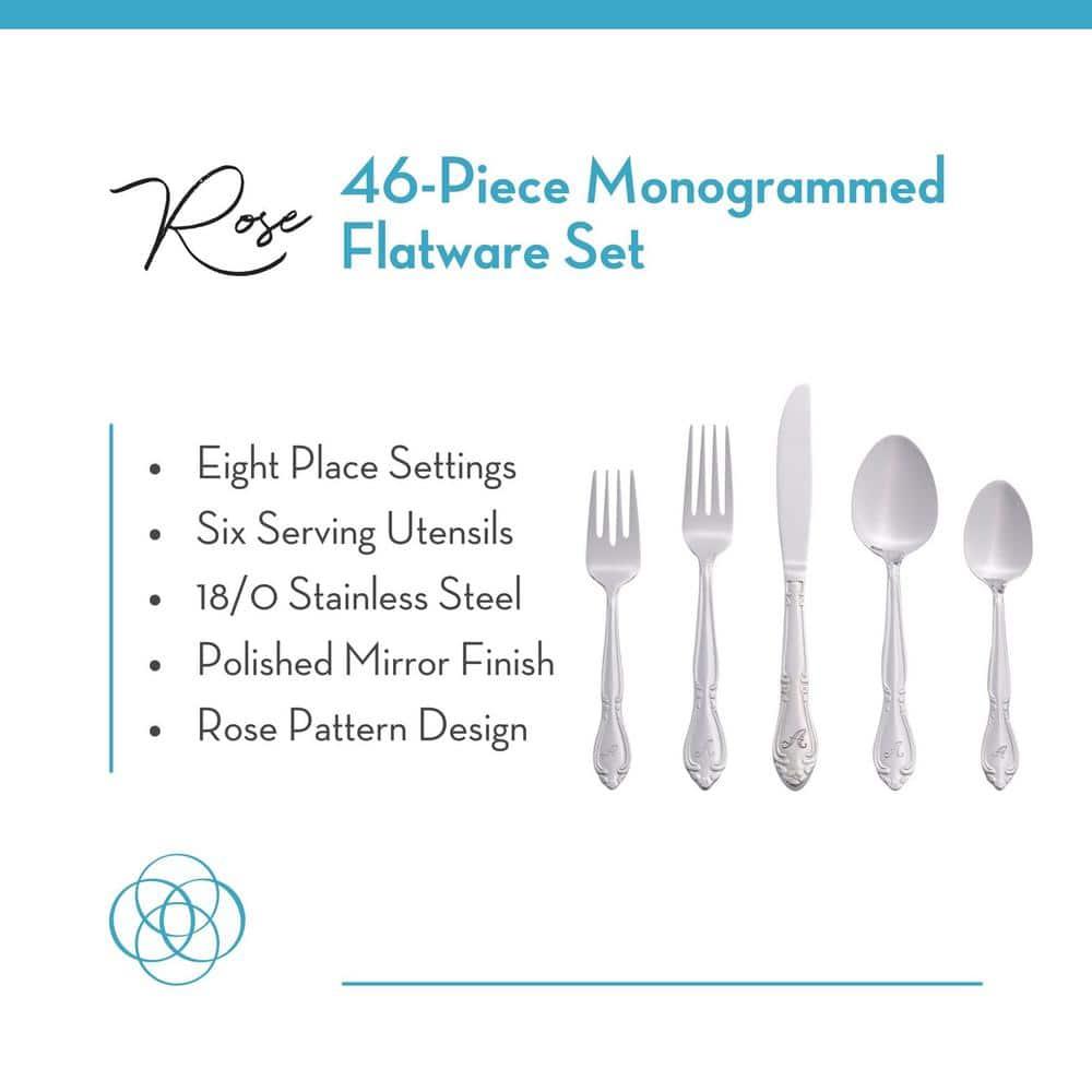 RiverRidge Home RiverRidge Rose Flatware 46-Piece Monogrammed Stainless Steel Silverware Set for 8
