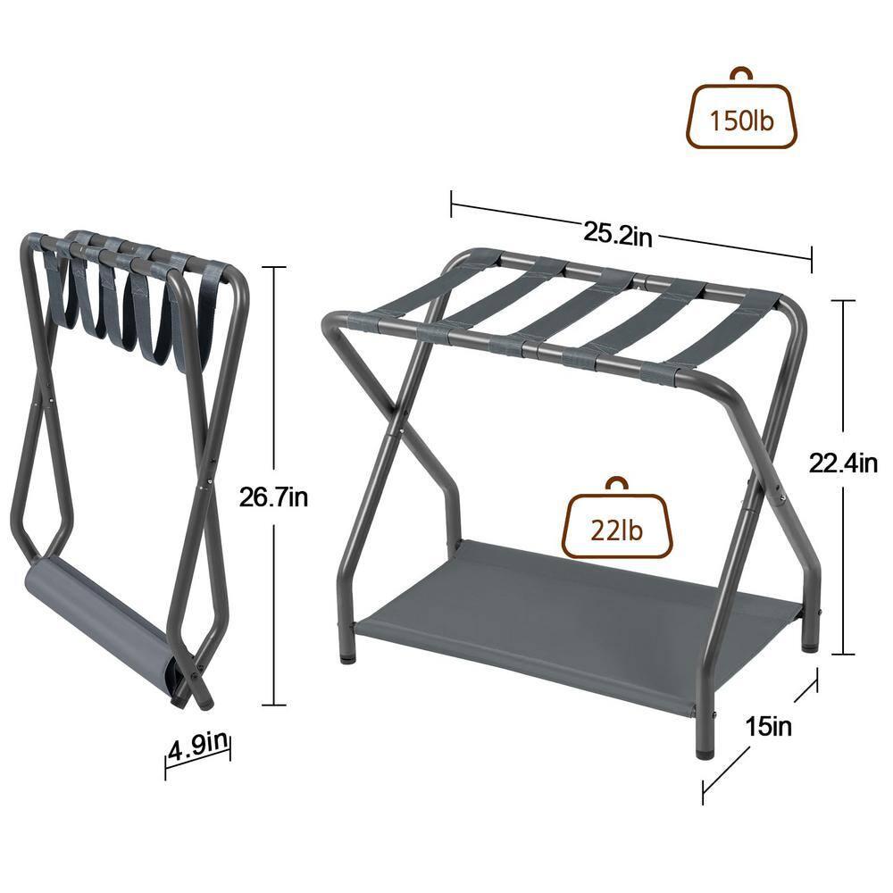 MEBROT Set Of 2, Foldable Suitcase Stands For Guest Room, Metal Luggage Holder With Storage Shelf For Bedroom, Hotel, Easy Assemble