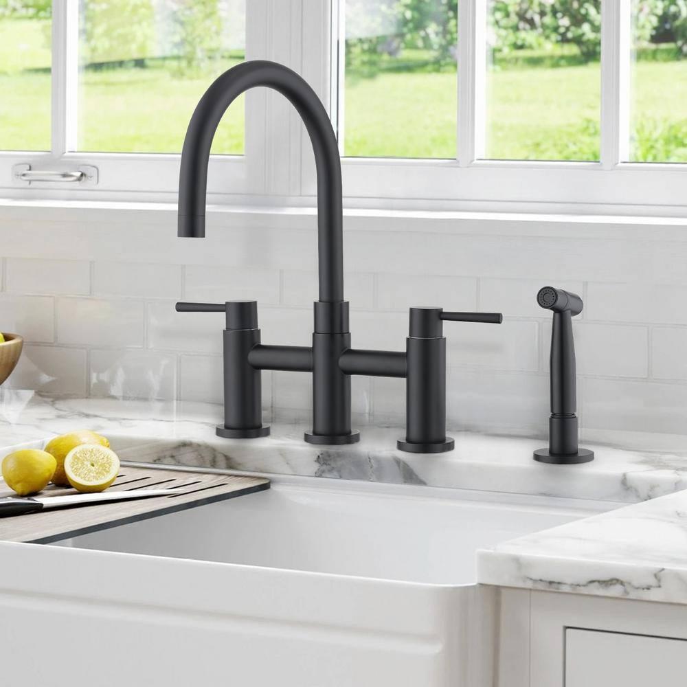 Double Handle Bridge Kitchen Faucet with Side Sprayer in Matte Black