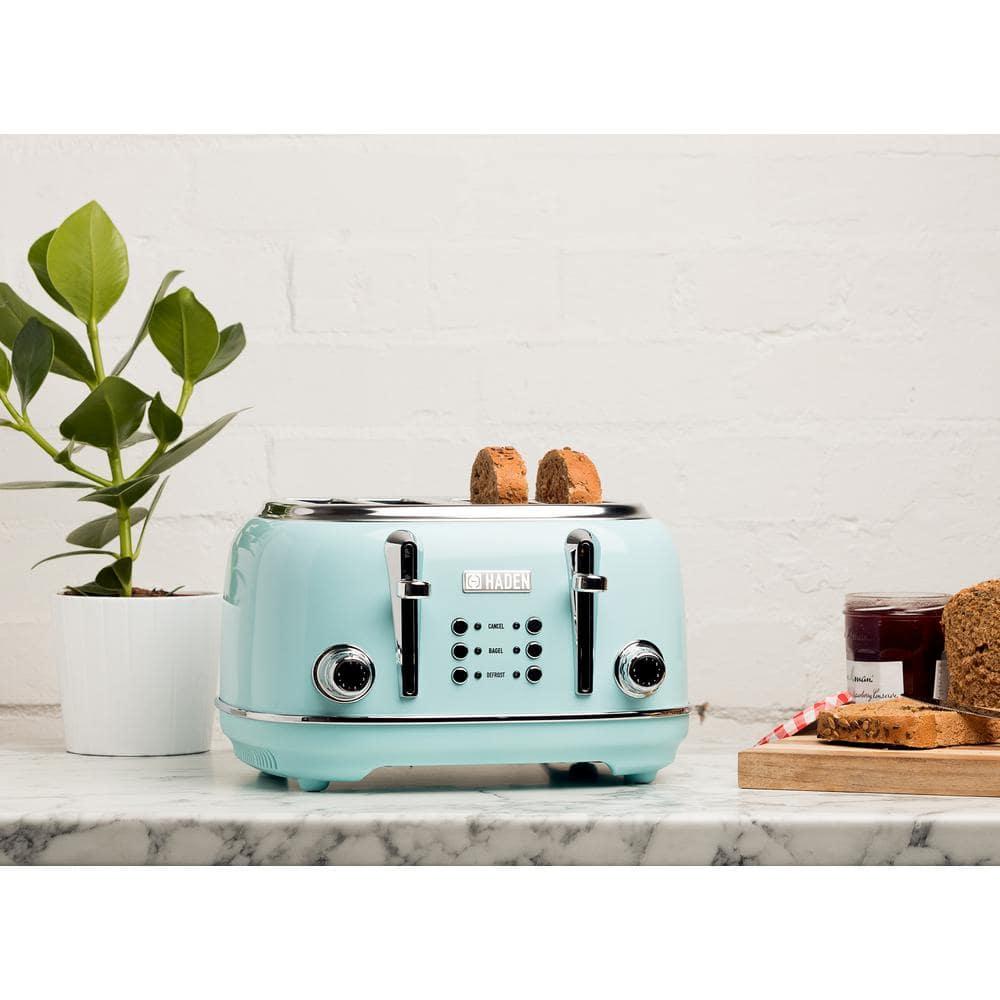 Haden Heritage 4 Slice Wide Slot Stainless Steel Toaster with Adjustable Browning Control & Non-Slip Feet, Turquoise & Chrome