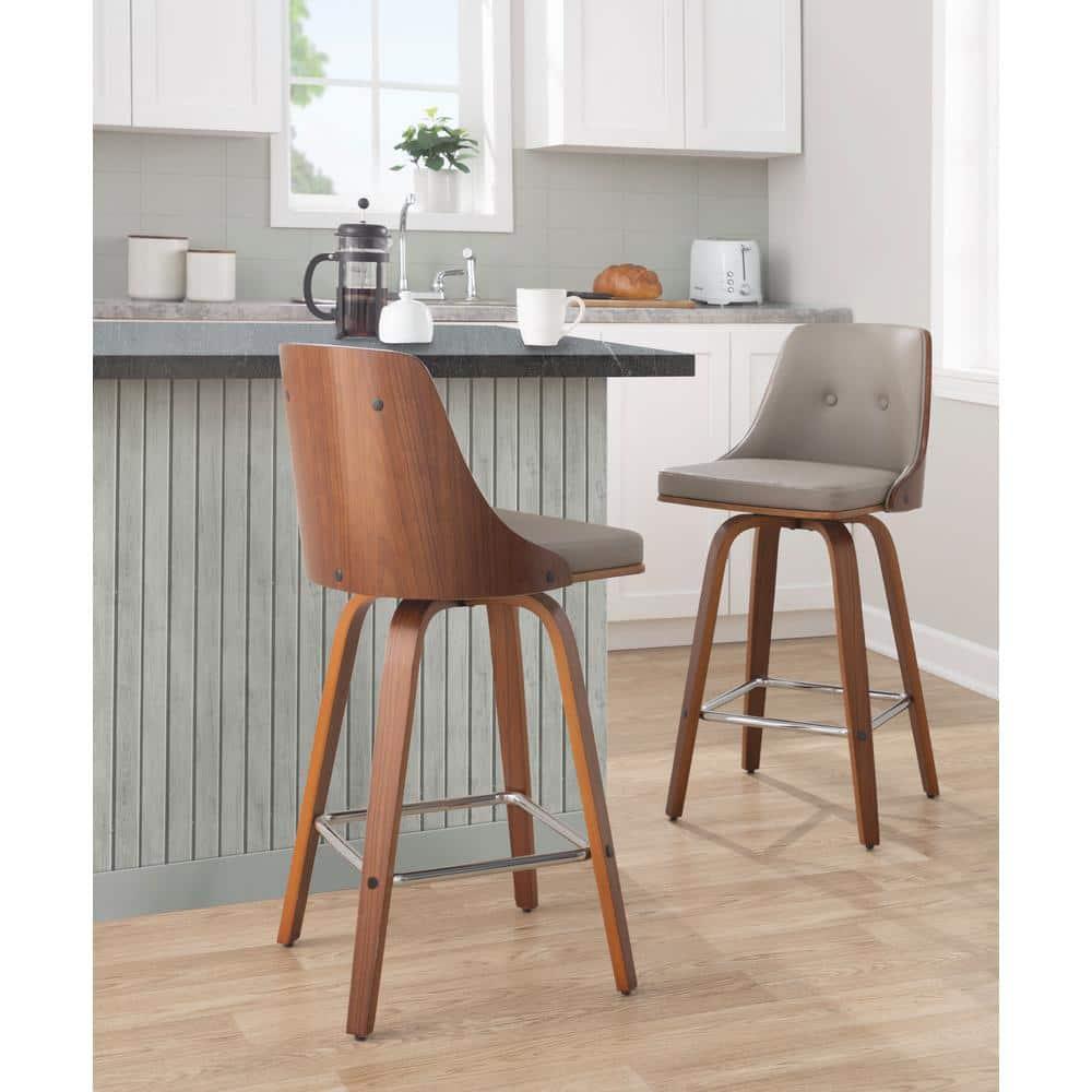 Set of 2 Gianna Counter Height Barstools Walnut/Light Gray: Faux Leather, Wood Frame - LumiSource