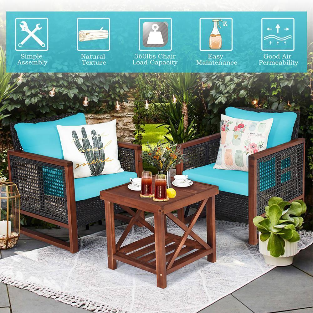 Patiojoy 3PCS Patio Rattan Bistro Set Acacia Wood Frame Sofa and Side Table Turquoise Cushions