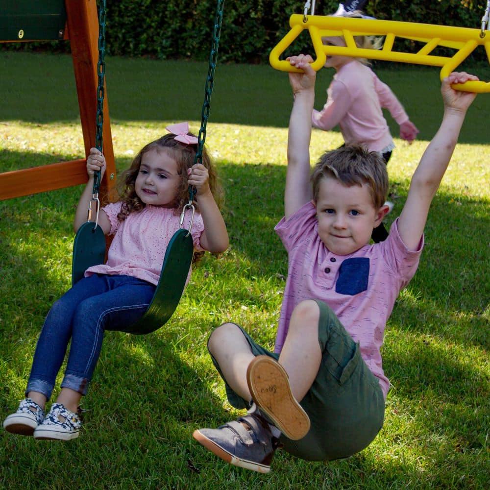 Swing-N-Slide Ranger Plus Wooden Backyard Swing Set with Slide, Climbing Wall and Swings, Swing Set for Backyards