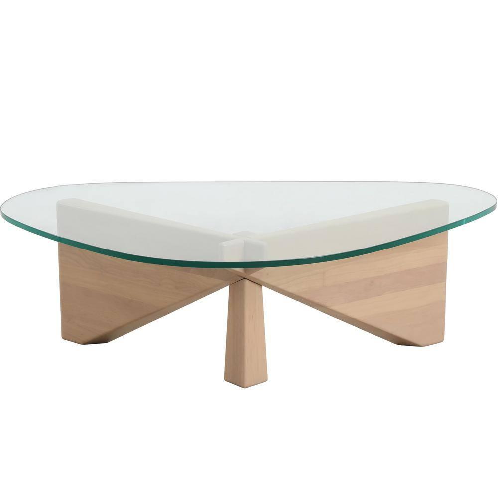 LeisureMod Imperial Collection Triangular Glass Top Coffee Table with Glossy Ash Wood Base for Home, Living Room, Office