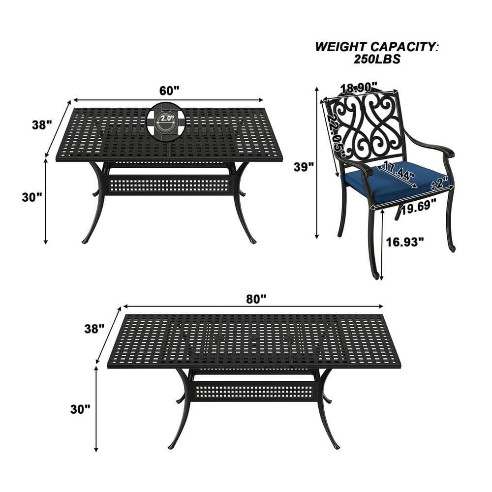 Black Cast Aluminum 6-Person Outdoor Dining Set with Blue Cushions