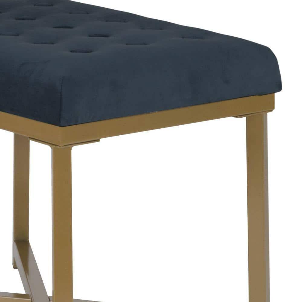 Benzara BM196046 Metal Framed Bench with Button Tufted Velvet Upholstered Seat, Dark Blue & Gold