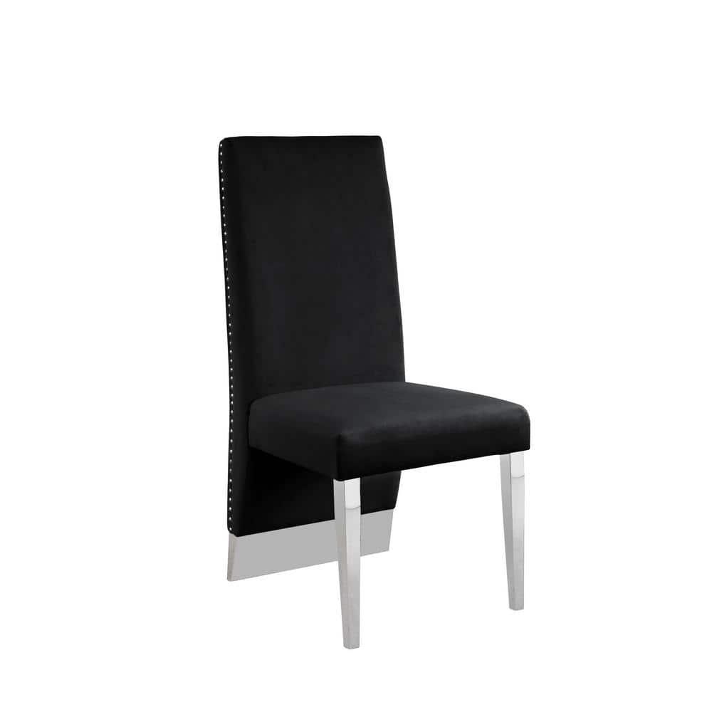 Sillas Laterales Decorativas de Terciopelo Capitoné Negro con Detalles Cromados Plateados (Juego de 2)