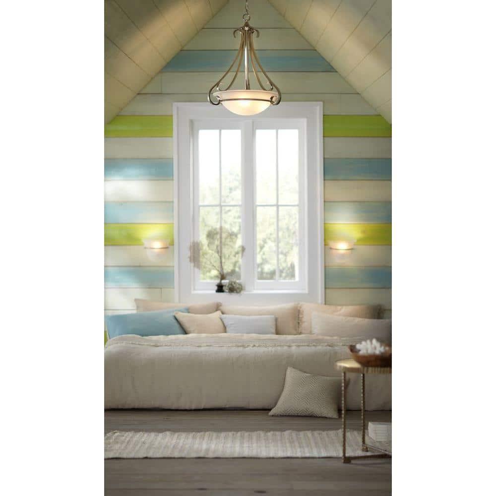 Progress Lighting Torino 3-Light Inverted Pendant, Brushed Nickel, Etched White Glass Bowl, Porcelain Material