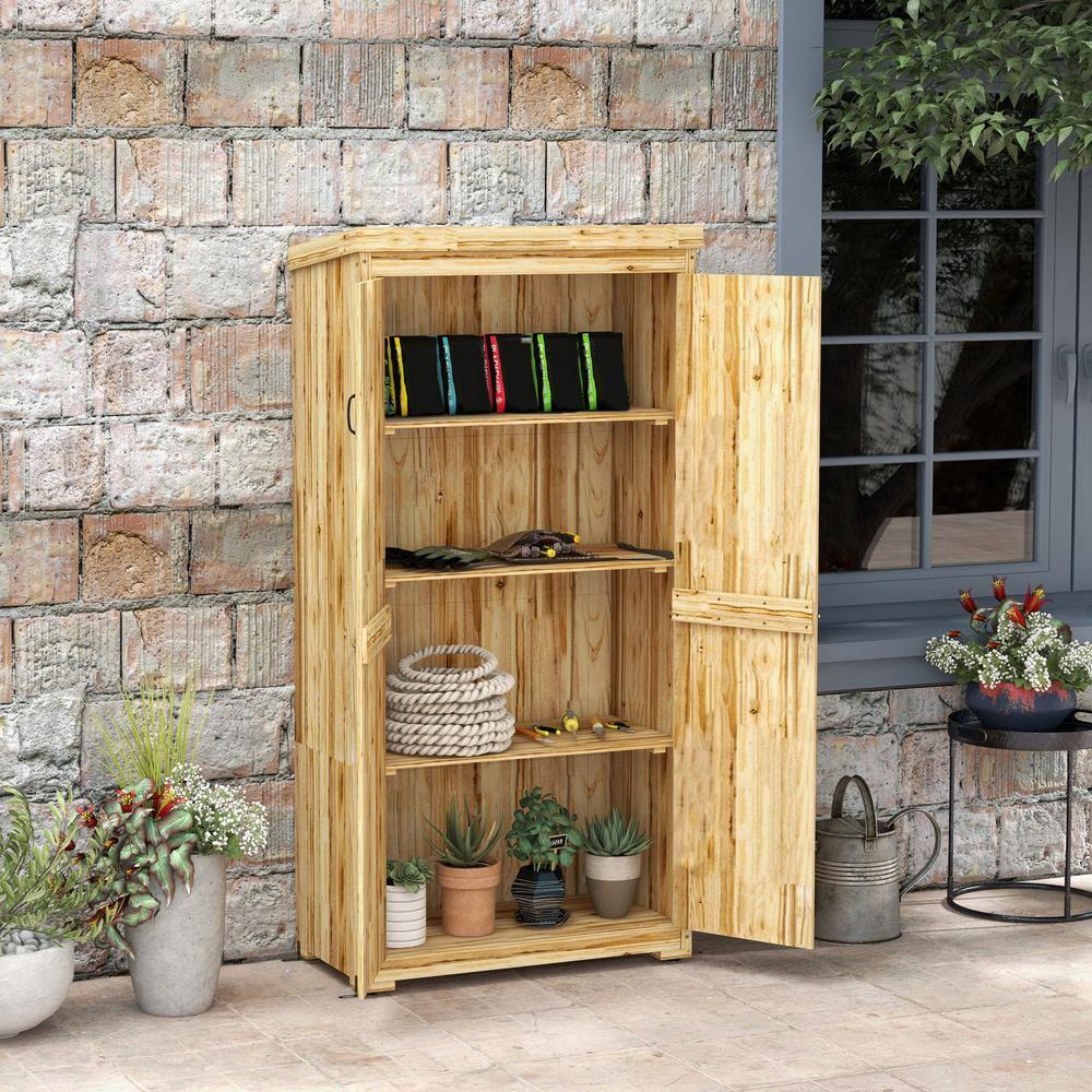 Outsunny Outdoor Storage Cabinet, Wooden Garden Storage Shed with Waterproof Galvanized Metal Roof, Natural