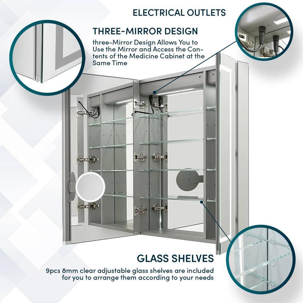 Royale Plus 40 in. W x 30 in. H Clear Recessed/Surface Mount Medicine Cabinet with Mirror, Tri-View Doors, LED, Defogger