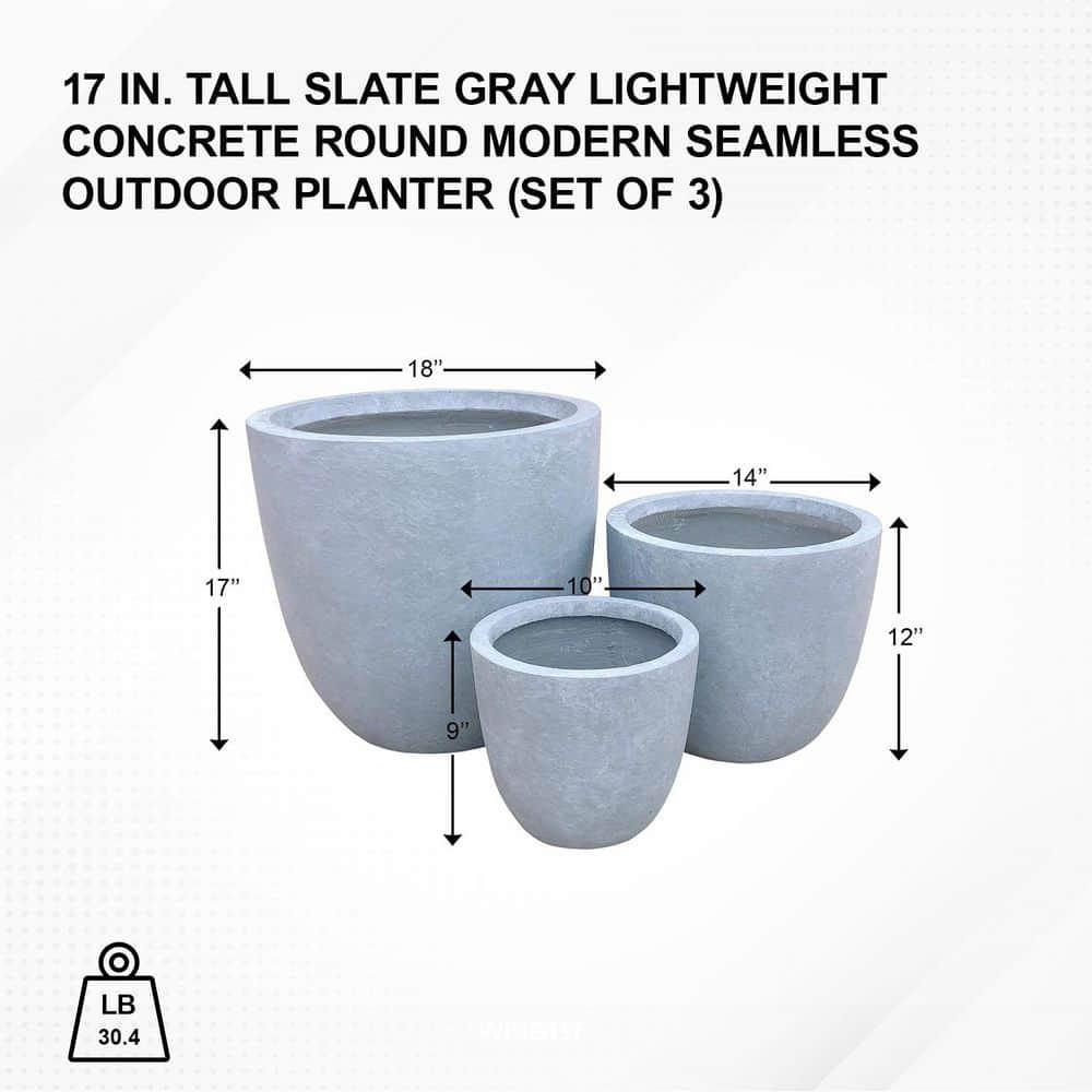 Set of 3 17" Kante Seamless Concrete Planters for Patio & Garden - Rosemead Home & Garden, Inc.