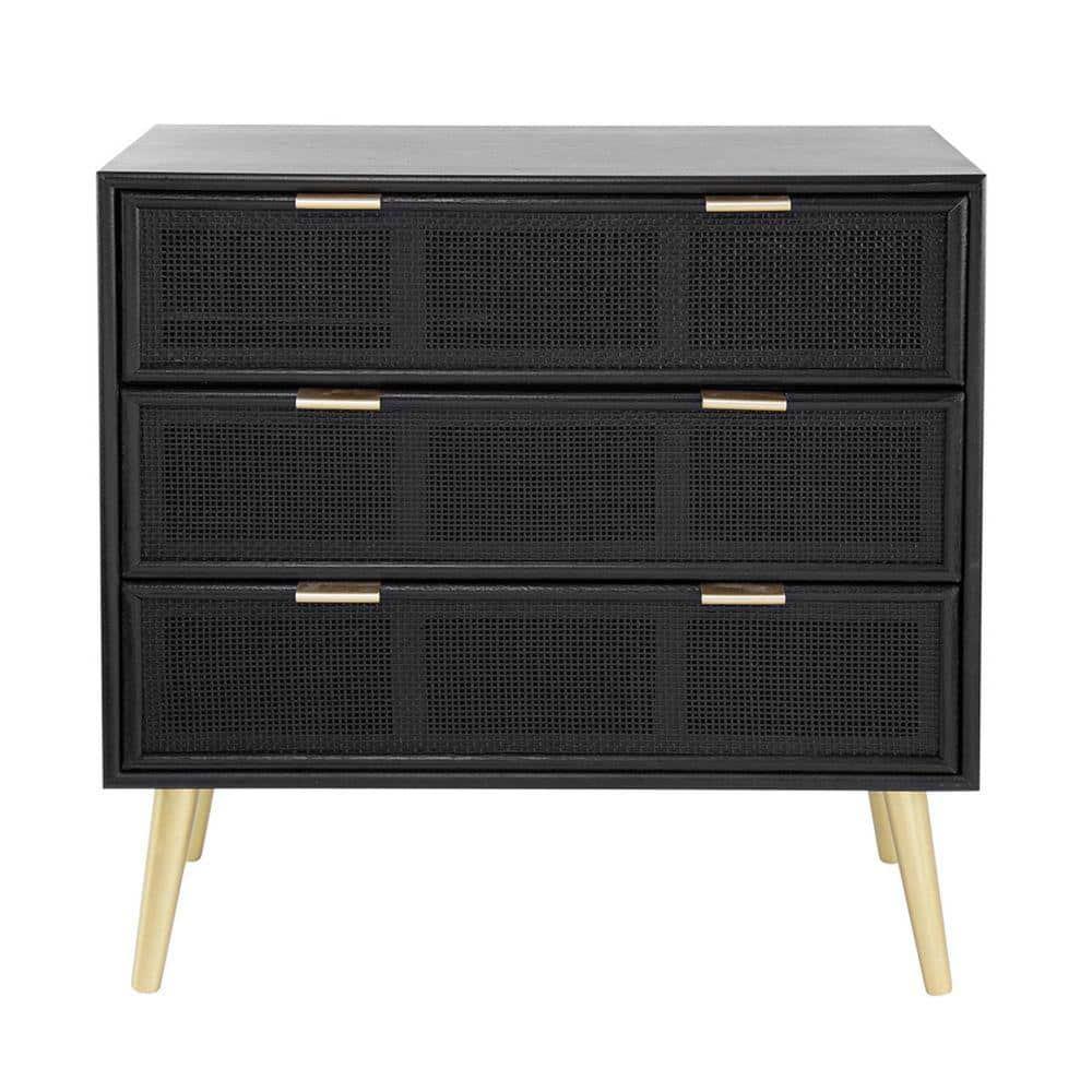 31 Inch Dresser Chest Cabinet, 3 Drawers, Woven Rattan, Modern, Black, Gold