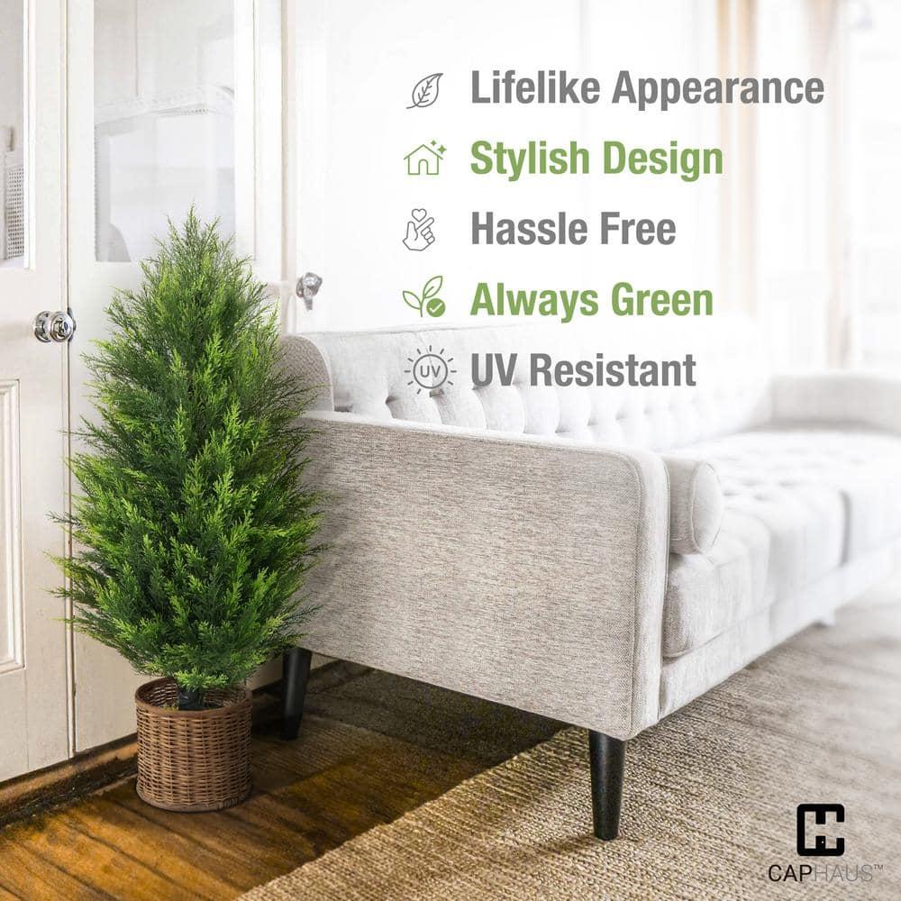 CAPHAUS 3 FT Artificial Cedar Tree Set of 2, 36 Inch Fake Boxwood Topiary w/Dried Moss, Natural Faux Plants for Outside Planter, UV Resistant, Artificial Tree Indoor, Outdoor Patio Décor