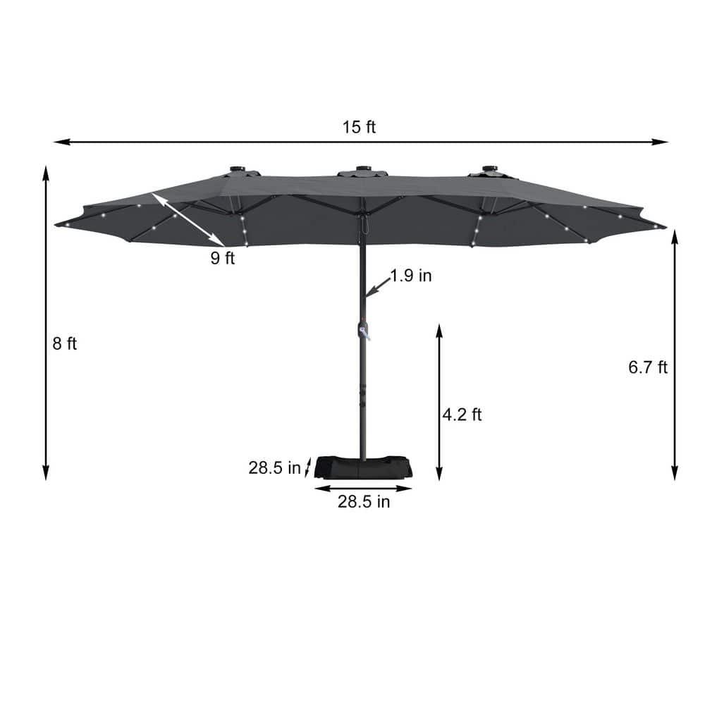 15 ft. Steel Patio Double-Side Market Umbrella with Base and Solar Light with Base in Dark Gray