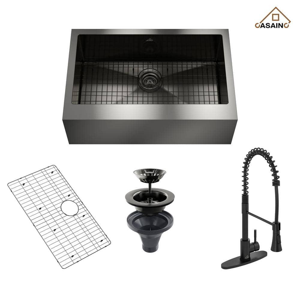 33" L x 22" W Farmhouse Kitchen Sink with Faucet, Stainless Steel Grid