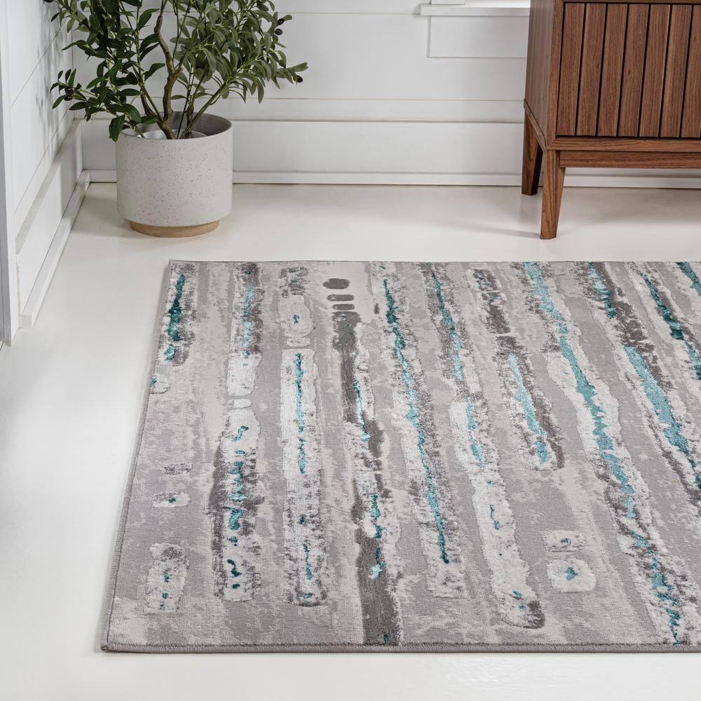 8'x10' Batten Modern Stripe Area Rug, Gray/Turquoise - JONATHAN Y