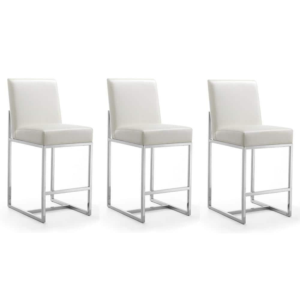 Manhattan Comfort Set of 3 Element Upholstered Stainless Steel Counter Height Barstools Pearl White: Faux Leather, No Assembly Required
