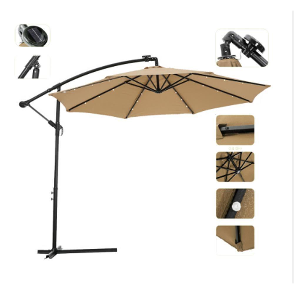 10 FT Solar LED Patio Umbrella with Hanging Cantilever Design, 32 Lights, Adjustable Tilt, Waterproof and UV Protection for Outdoor Garden, Deck, and Patio