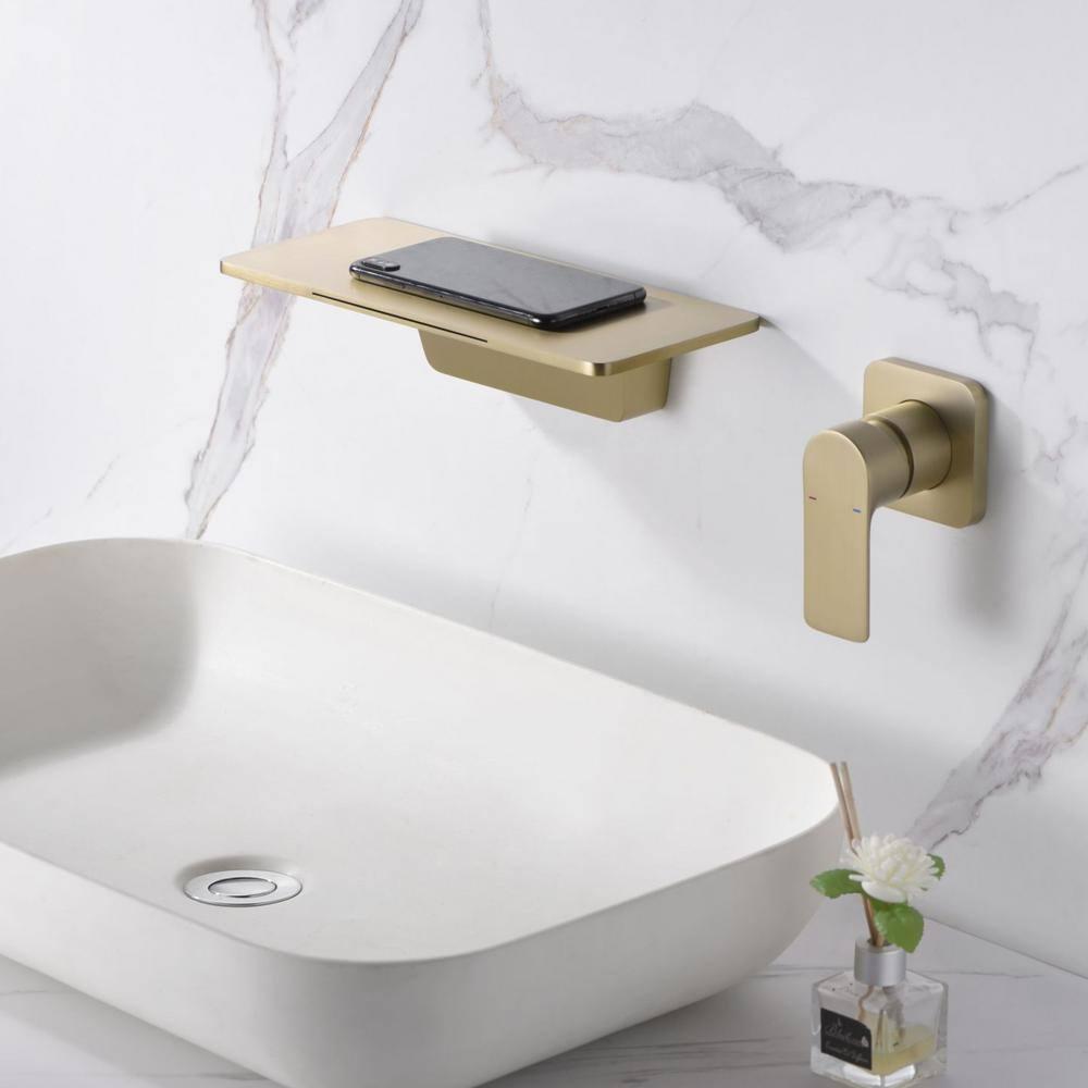 Bathroom Faucet Waterfall Bathroom Sink Faucet Brushed Gold Brass Basin Mixer Tap Single Handle Basin Tap Wall Mounted Lavatory Faucet with Cold and Hot Water
