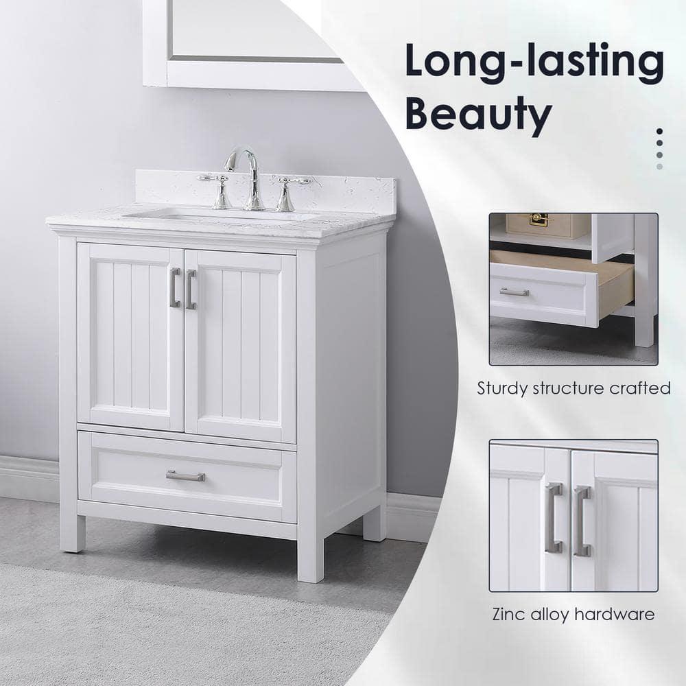 Isla 30" Single Bathroom Vanity Set in White and Carrara White Marble Countertop without Mirror