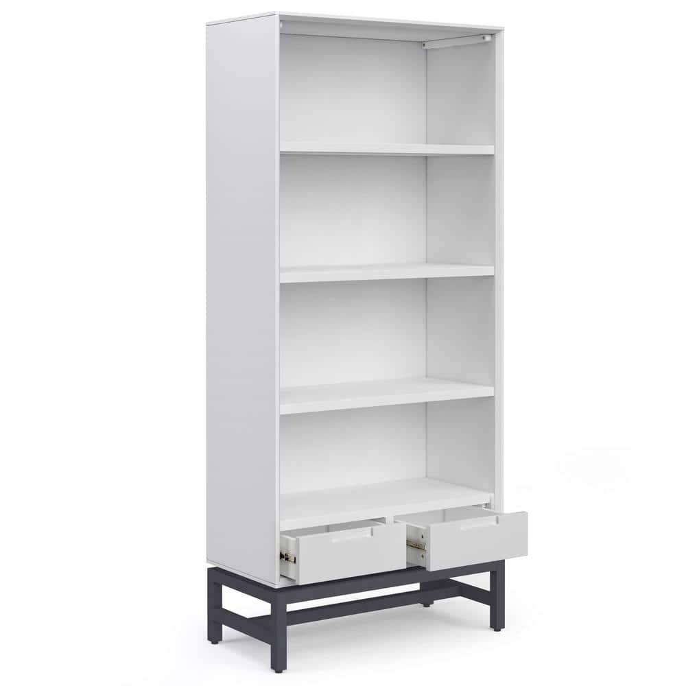 Simpli Home Banting 30"W Solid Wood 4 Shelf Industrial Bookcase with 2 Drawers, Adjustable Shelves, and Metal Base