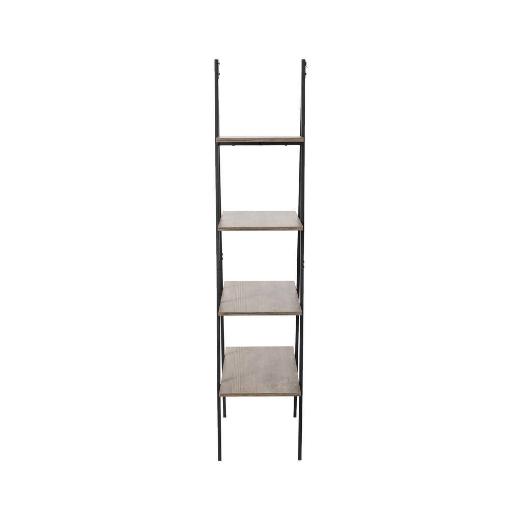 Glitzhome 64.5"H Modern Industry Wooden Oak Melamine 4-Tier Metal/ Wooden Leaning Bookcases & Ladder Shelves