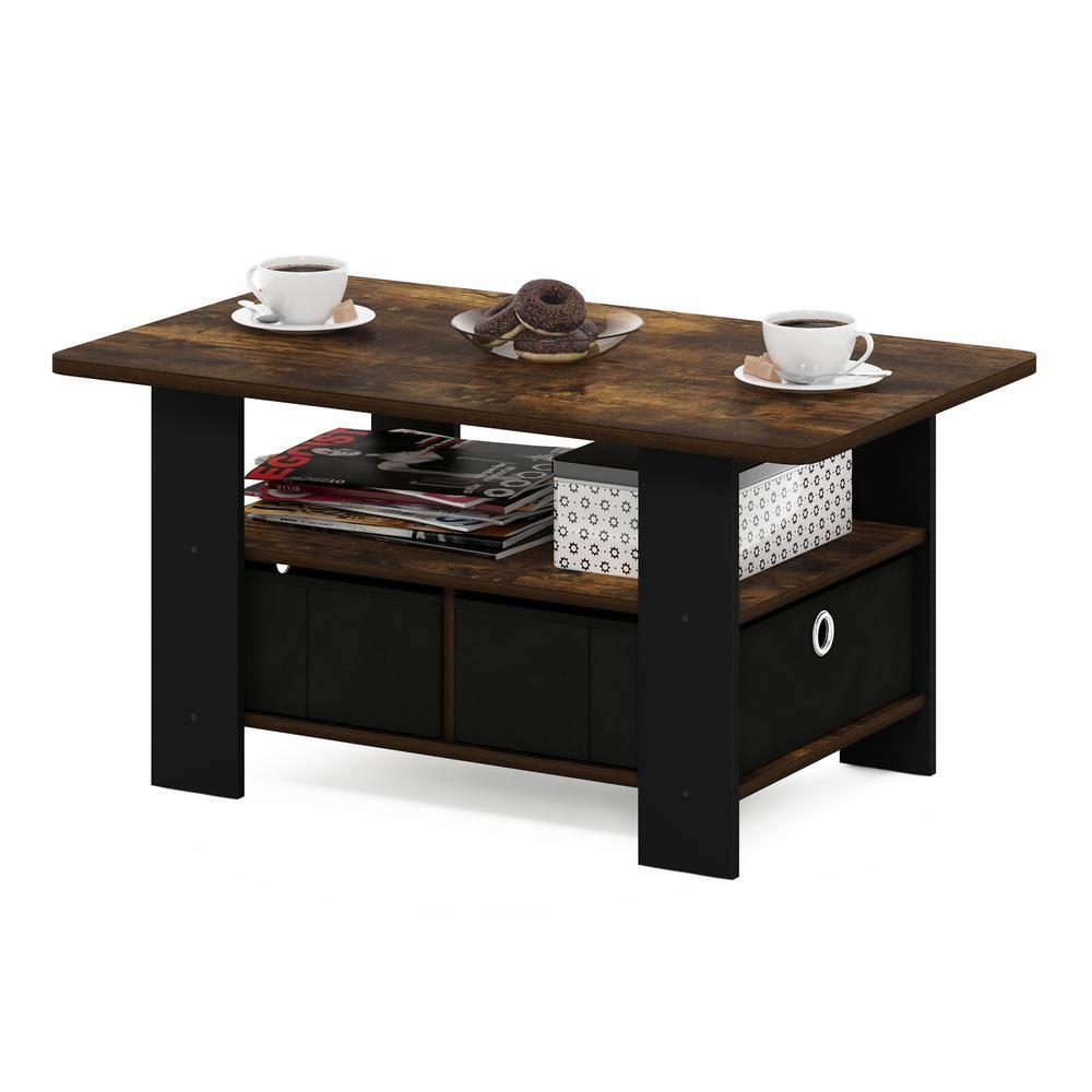 Furinno Andrey Coffee Table with Bin Drawer, Amber Pine/Black