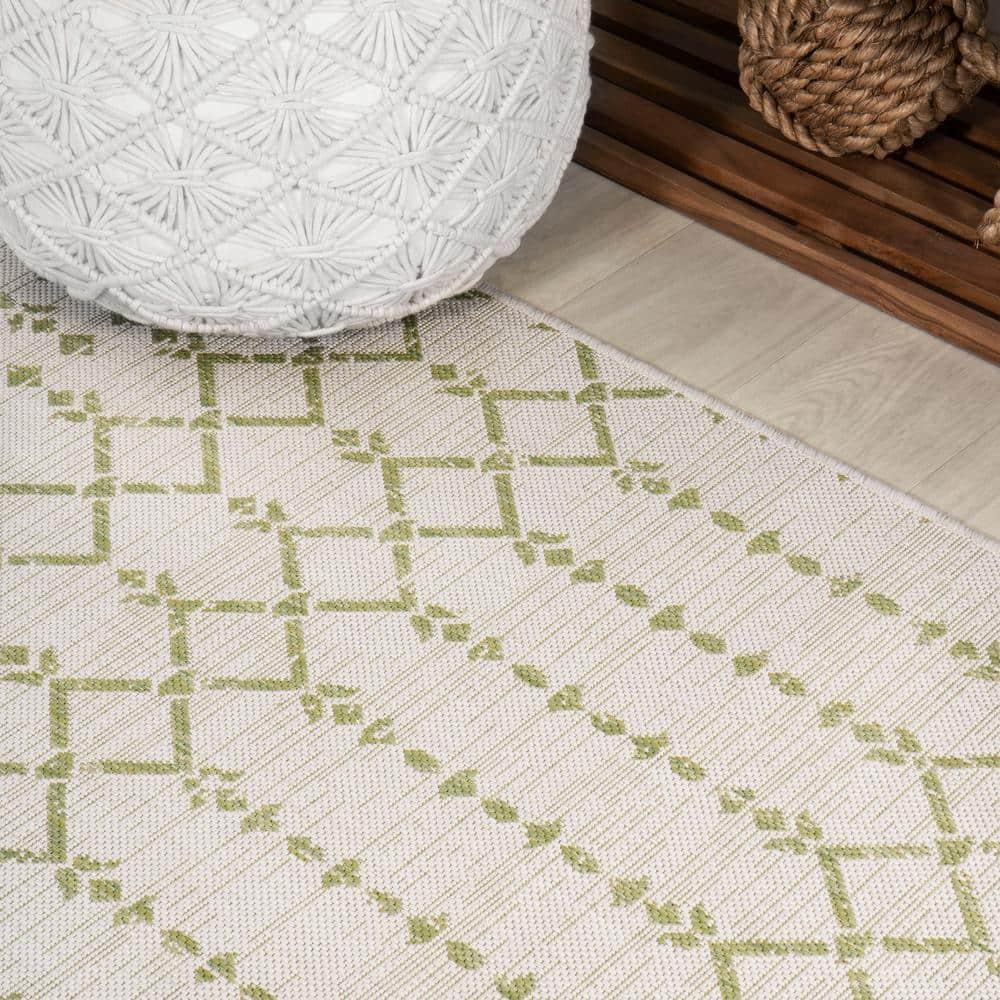 3' x 5' Ourika Moroccan Geometric Textured Weave Indoor/Outdoor Area Rug, Cream/Green - JONATHAN Y