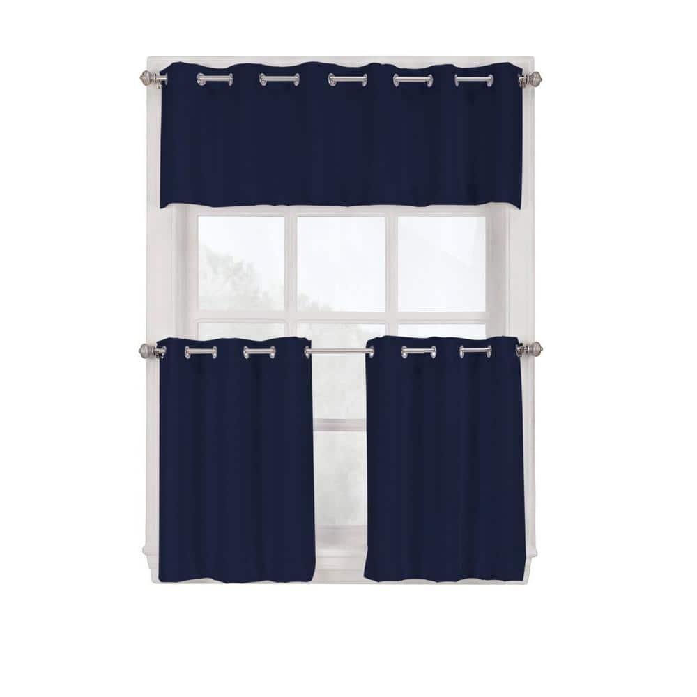 2pc 56"x36" No. 918 Semi-Sheer Montego Casual Textured Grommet Kitchen Curtain Tier Pair Navy Blue