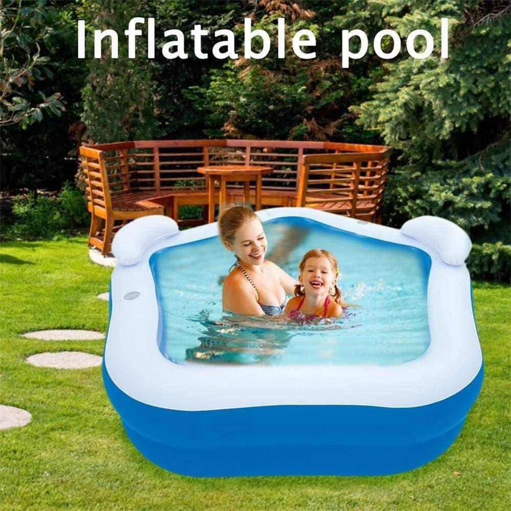 84 in. L x 82 in. W x 27 in. H Blue 2-Seat Rectangle Inflatable Pool Family Paddling Pool with Headrest Cup Holder
