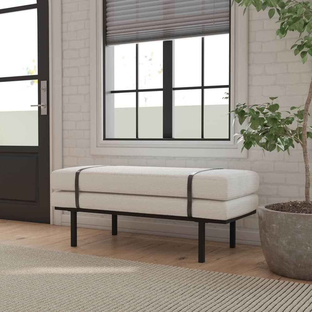 HomePop Upholstered Bench Cream Boucle/Black: Rectangle Ottoman for Bedroom, Entryway, End of Bed