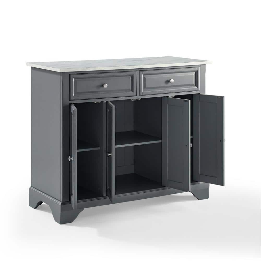 One Allium Way® Kitchen Island With Storage Shelves, Microwave Stand, Coffee Bar, Gray - Birch Veneer, Marble Finish, 2 Drawers & 3 Cabinets, Brushed Nickel Hardware