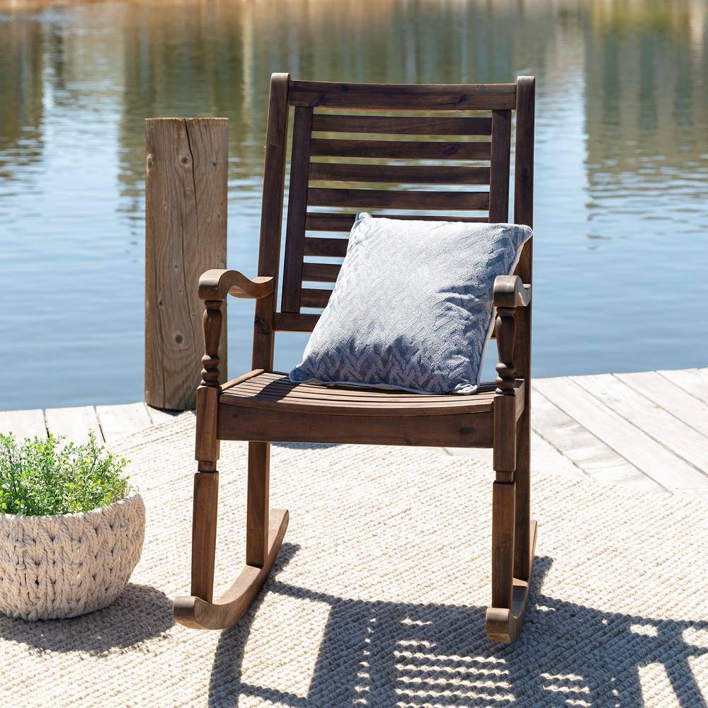 Walker Edison Solid Wood Outdoor Patio Rocking Chair, Dark Brown