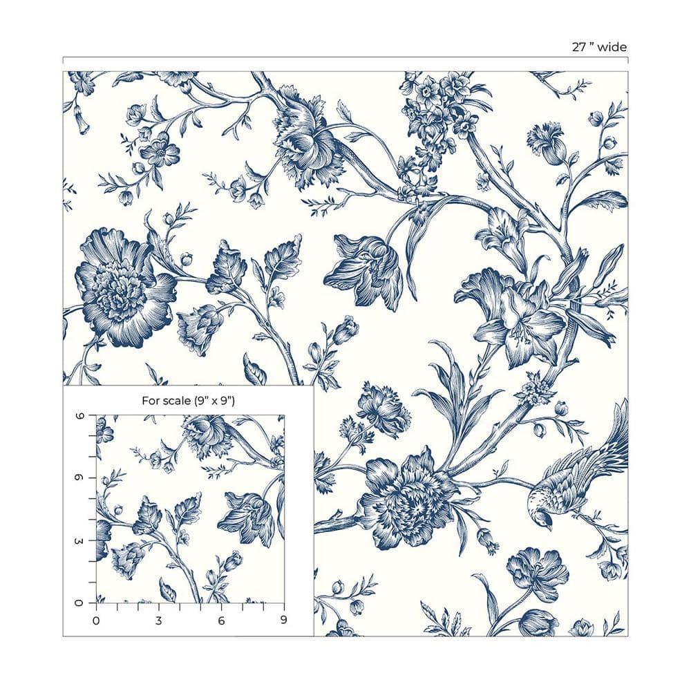 NextWall Navy Blue Jasmine Chinoiserie Peel and Stick Wallpaper