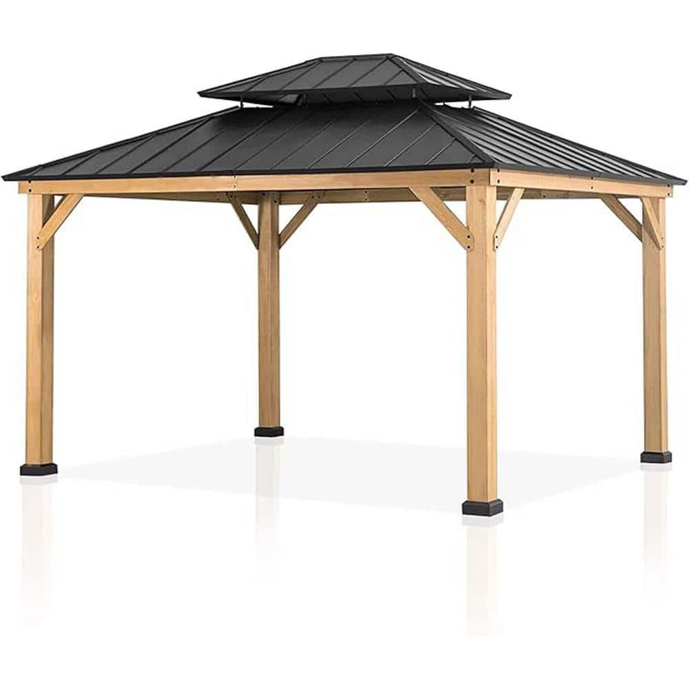 11x13 Cedar Wood Gazebo with Black Metal Double Roof