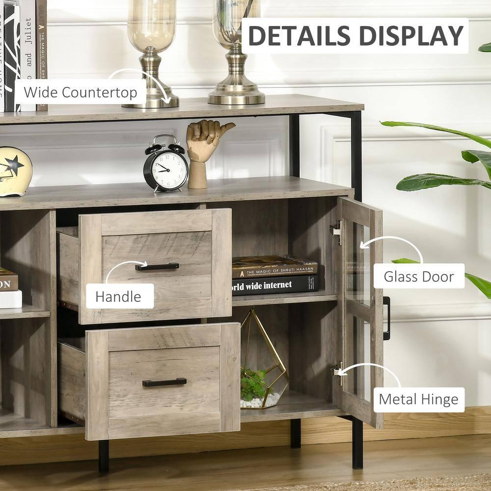 HOMCOM Industrial Sideboard Buffet Cabinet, Kitchen Cabinet, Coffee Bar Cabinet with Adjustable Shelves, Glass Doors, and 2 Drawers for Living Room, Gray