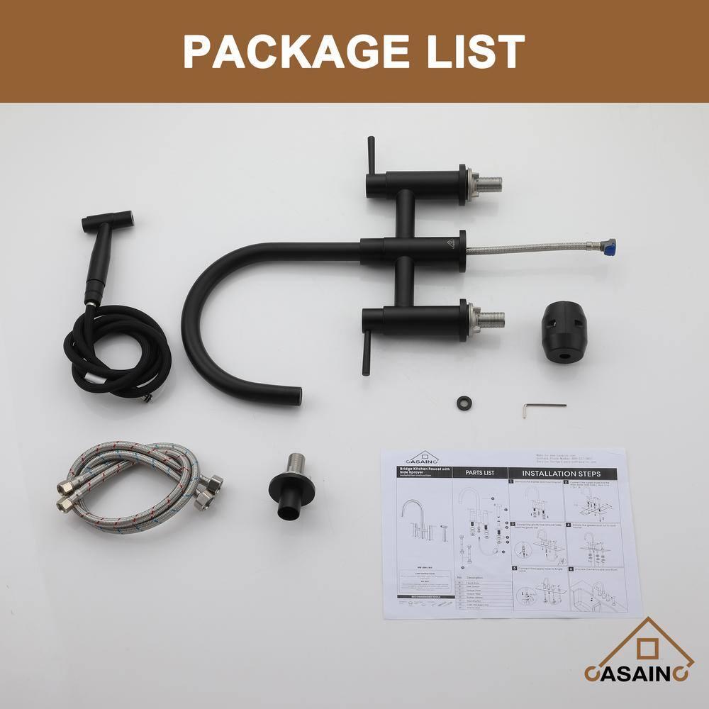 Double Handle Bridge Kitchen Faucet with Side Sprayer in Matte Black
