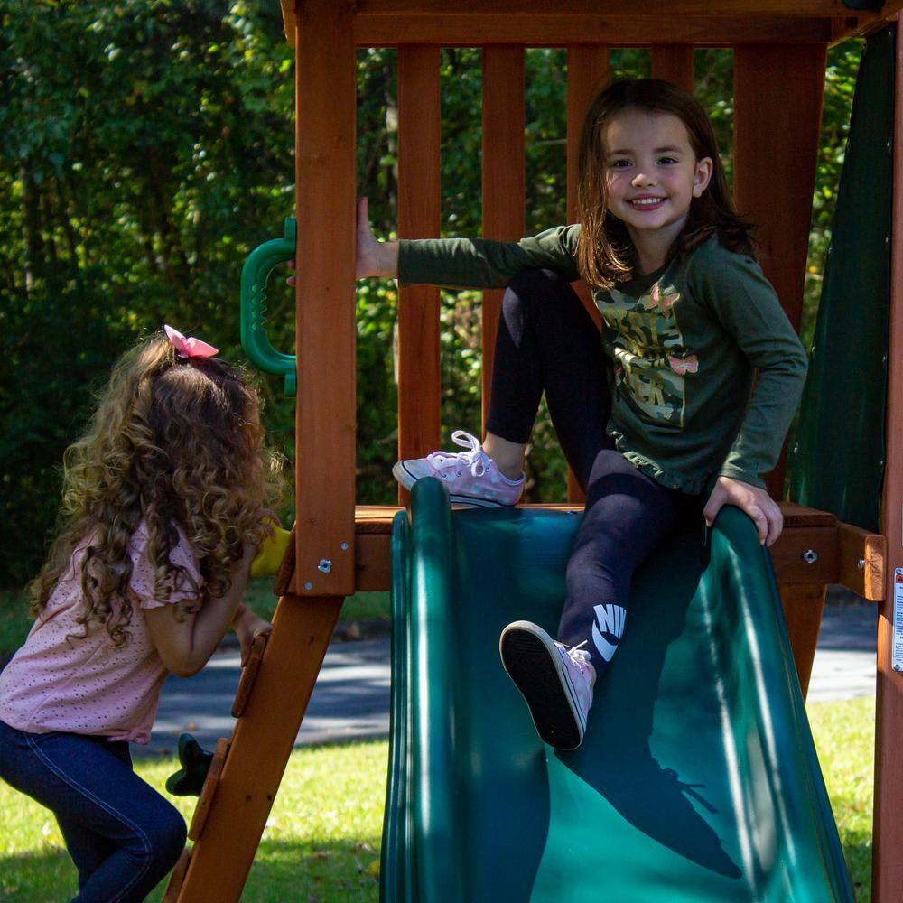 Swing-N-Slide Ranger Plus Wooden Backyard Swing Set with Slide, Climbing Wall and Swings, Swing Set for Backyards