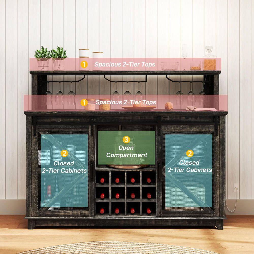 HOMCOM Mueble de Bar de Café con Luces LED y Puertas Corredizas de Granero, Mueble de Bar de Vino de 55" con Botelleros y Portavasos, Marrón Desgastado