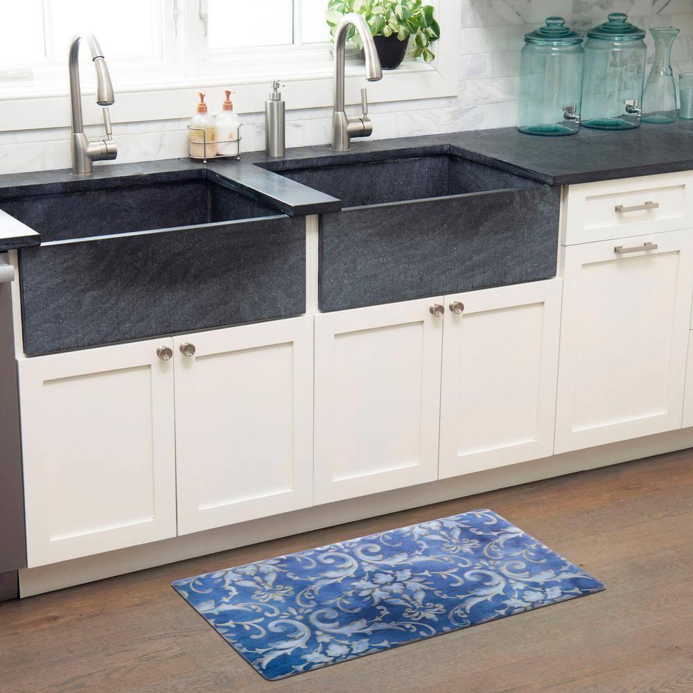 SoHome Cozy Living Watercolor Damask Anti-Fatigue Kitchen Mat, Blue/Gold, 20"x36"