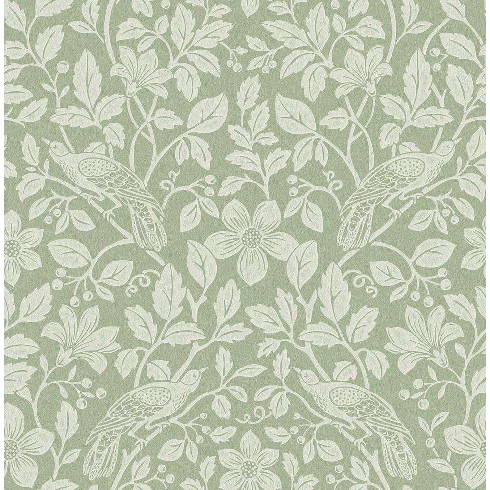 Green and White Non-Woven Botanical Bird Vine Wallpaper