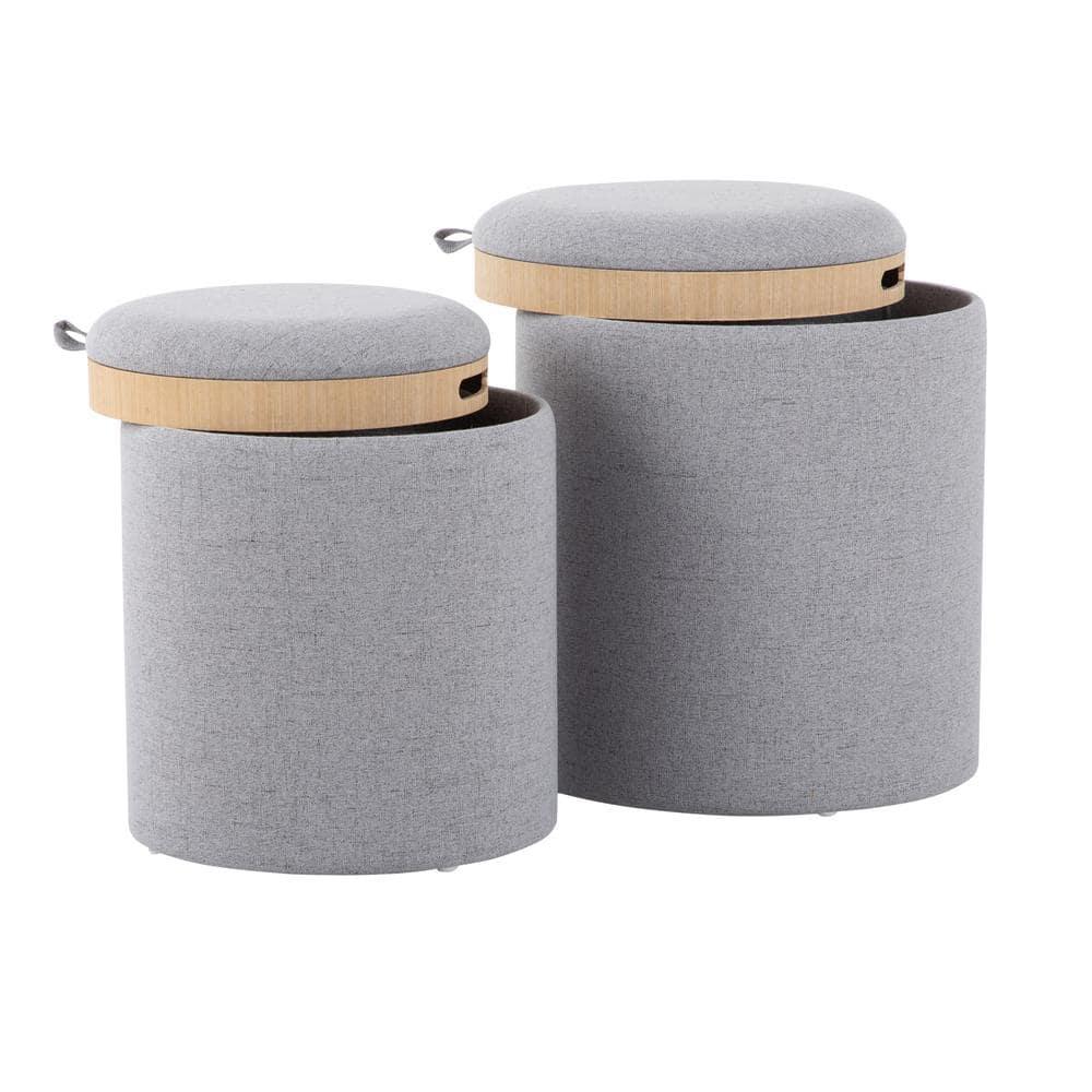 Set of 2 Tray Nesting Ottomans Polyester/Wood Gray/Natural - LumiSource: Space-Saving, No Assembly Required
