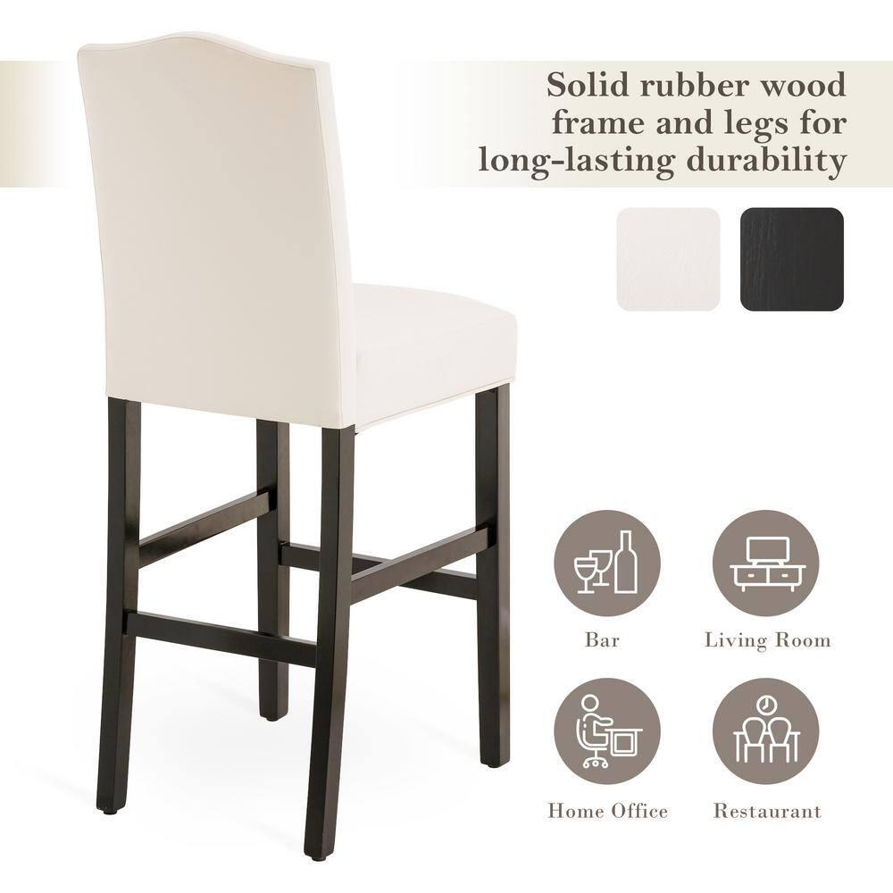 Set of 2 Leatherette PU Barstools with Studded Decor Off White - Glitzhome: Rubberwood Frame, Footrest, Modern Style